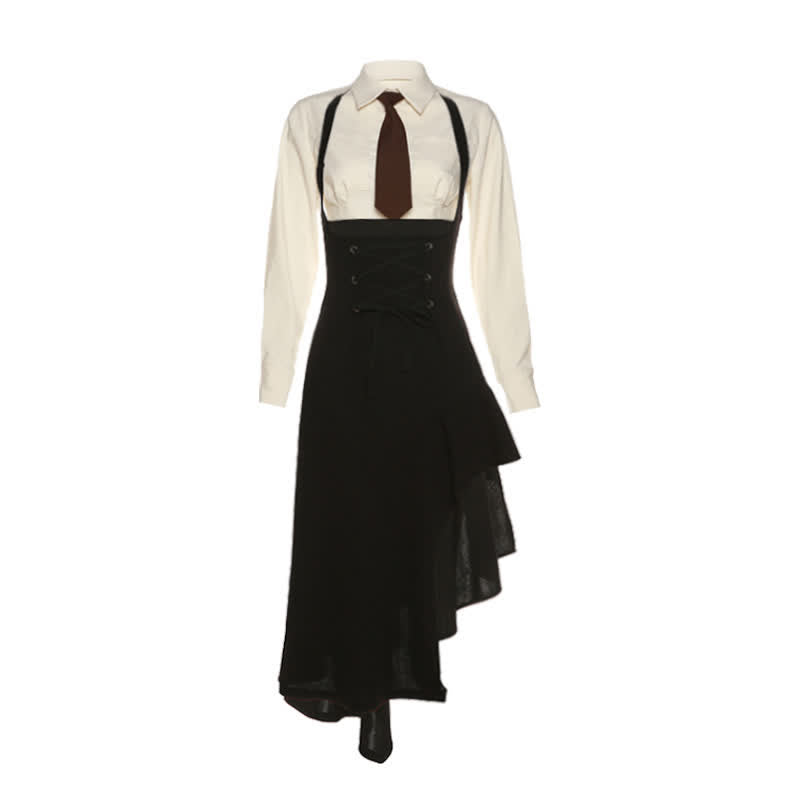 Chic Pocketed Tie Polo T-Shirt Irregular Lace Up Suspender Dress