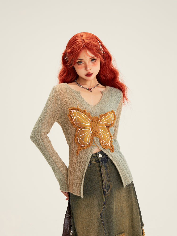 Retro Butterfly Patch Embroidered Slim Top