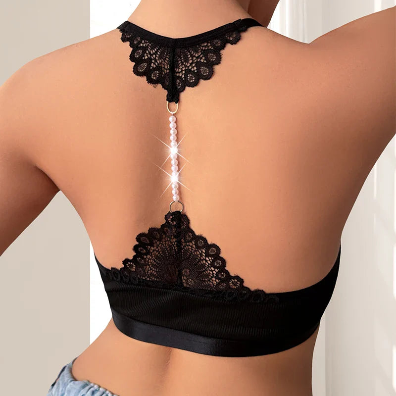 1pcs Style Ribbed Women Camisole String Pearls Decor Backless Underwear