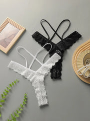 2-Piece Set Sexy Black White Embroidered Lace Thong