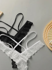 2-Piece Set Sexy Black White Embroidered Lace Thong
