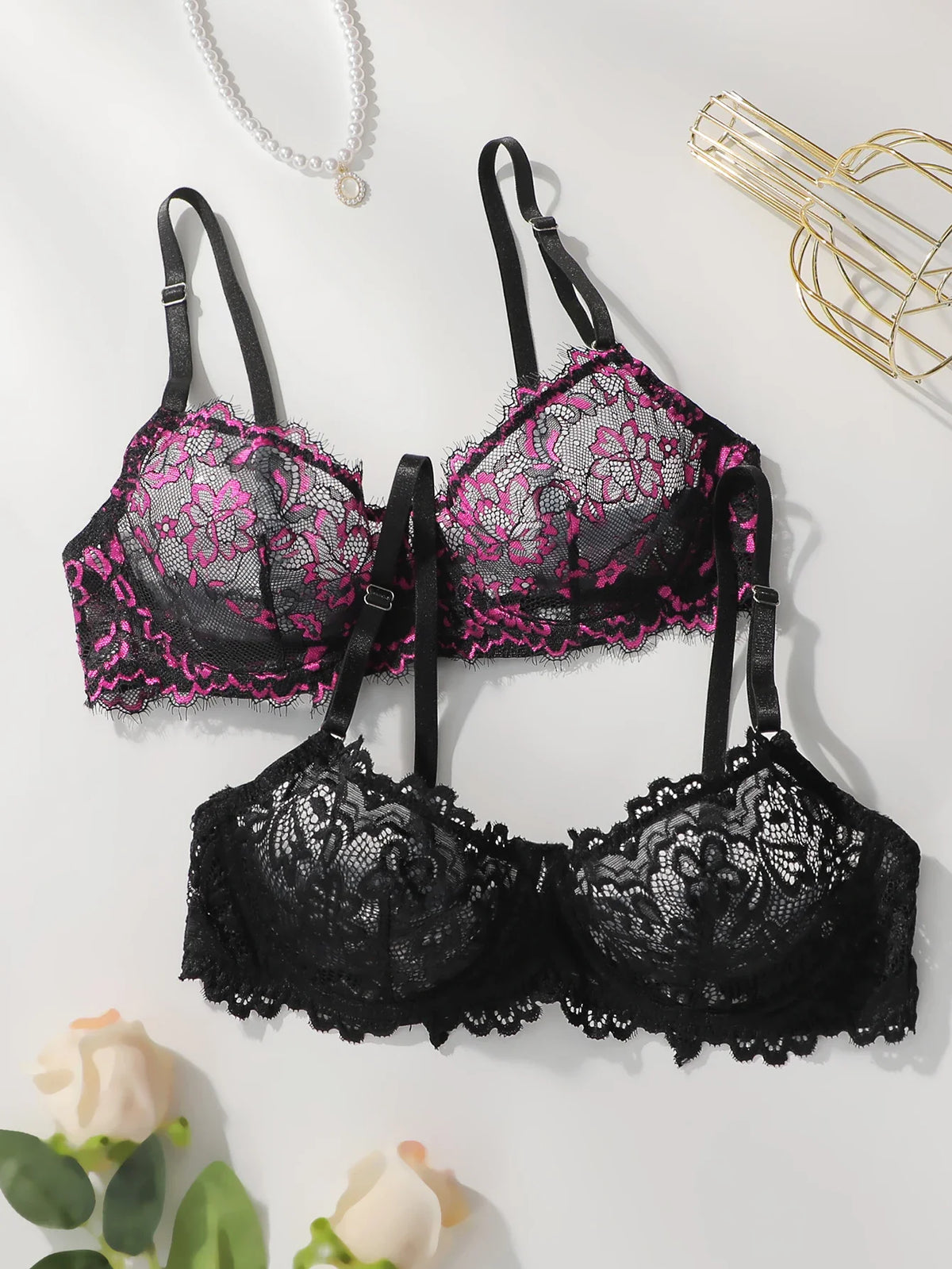 2-piece set of women's sexy lace floral lingerie