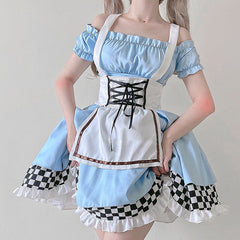Blue Lace Up Lattice Rulffled Lolita Dress