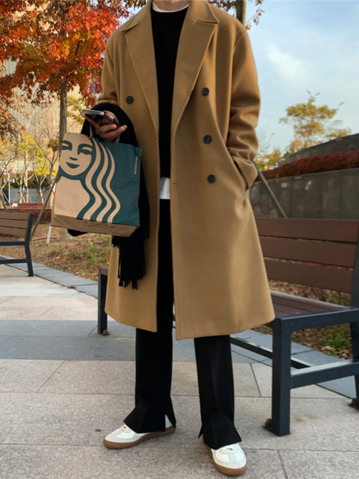 Loose Mid-length Cashmere Windbreaker Coat