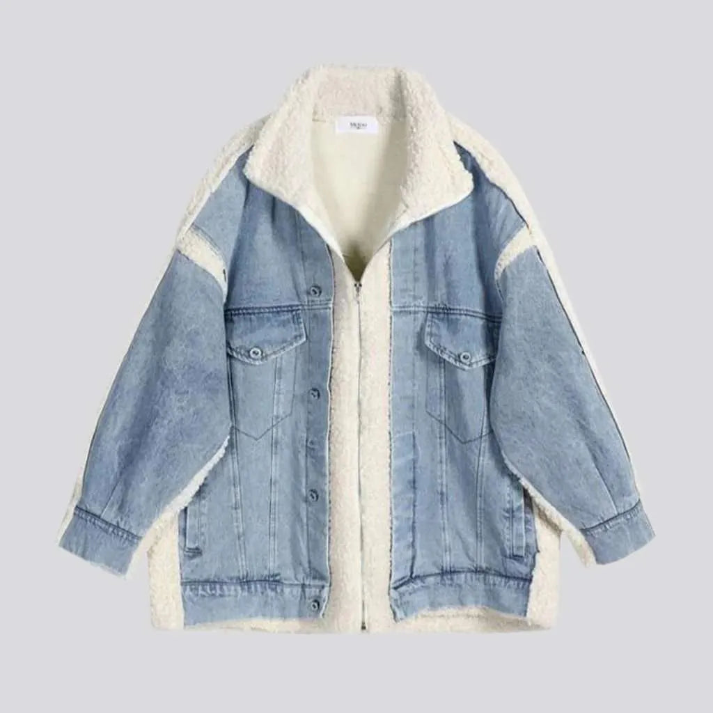 Light-wash sherpa jean jacket for women