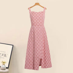 V-neck Cardigan Lattice Print Pink Slip Dress Set