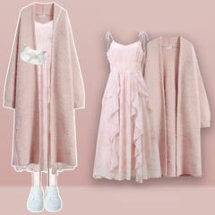 Pink Long Cardigan Sweater Outerwear Flouncing Slip Dress