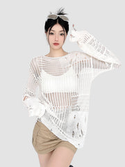 Hollow Woolen Round Neck Long-Sleeved Top
