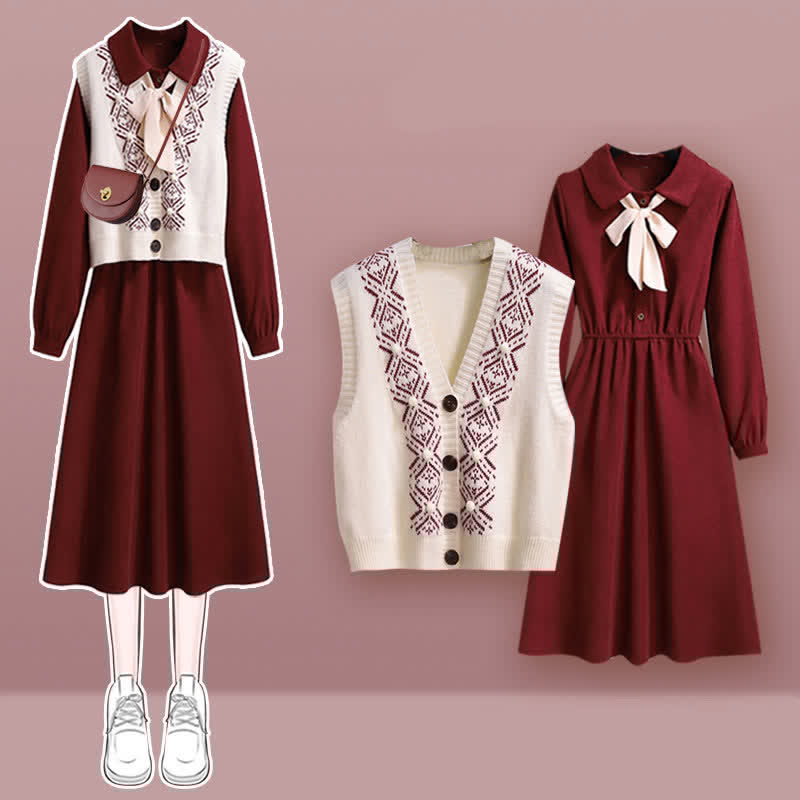 Bow Knot Red Dress Rhombus Print Vest Set