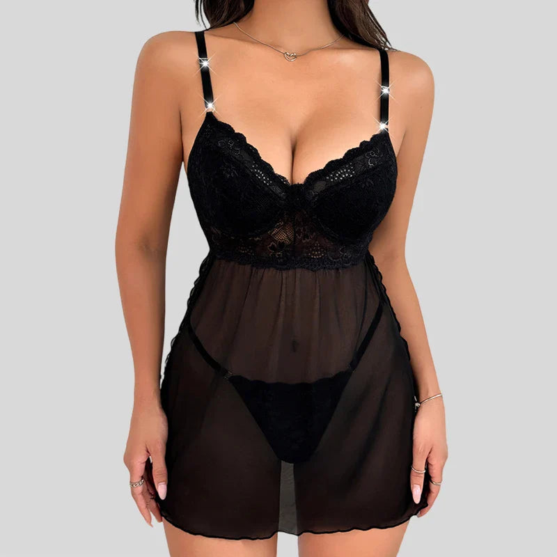 2pcs Black Women's Sexy Lace Mesh Babydoll lingerie