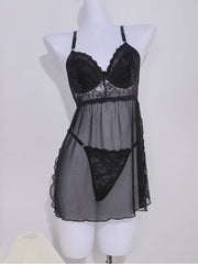 2pcs Black Women's Sexy Lace Mesh Babydoll lingerie