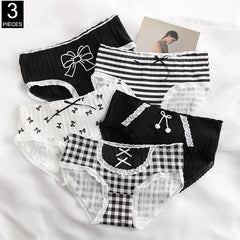 3 Pcs Cute Lolita Lace Trimming Girl Plaid Striped Underwear