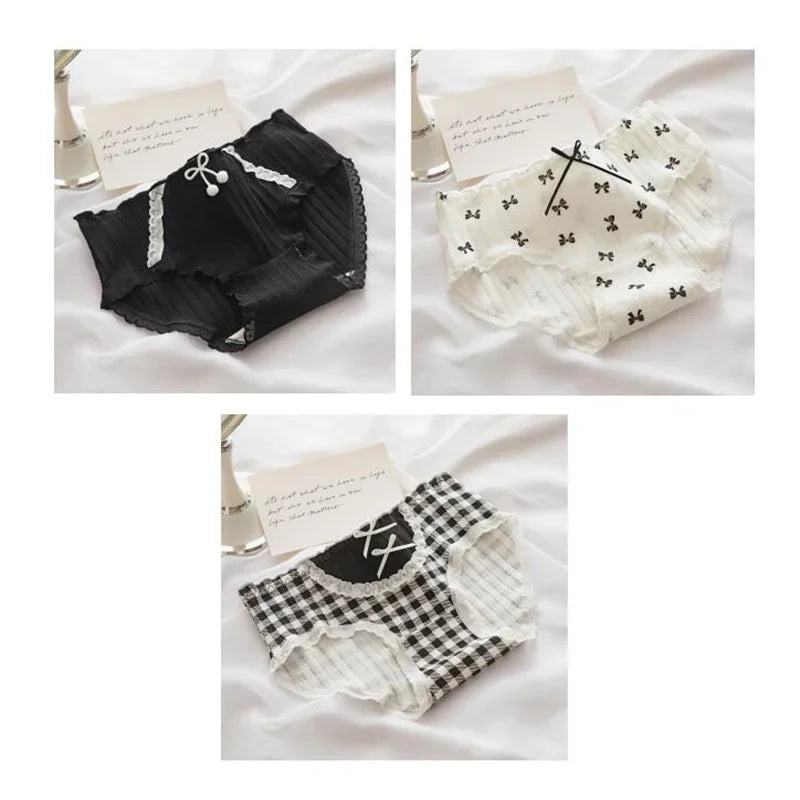 3 Pcs Cute Lolita Lace Trimming Girl Plaid Striped Underwear
