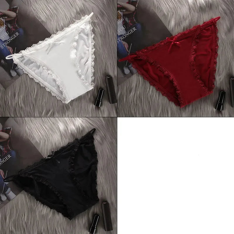 3 Pcs Lace Trim Women Ice Silk Panties