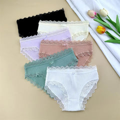 3 Pieces Ruffles Lace Trim Women's Ribbed Cotton Briefs Japanese Girls Sweet Bow Underwear