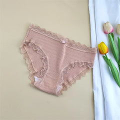3 Pieces Ruffles Lace Trim Women's Ribbed Cotton Briefs Japanese Girls Sweet Bow Underwear