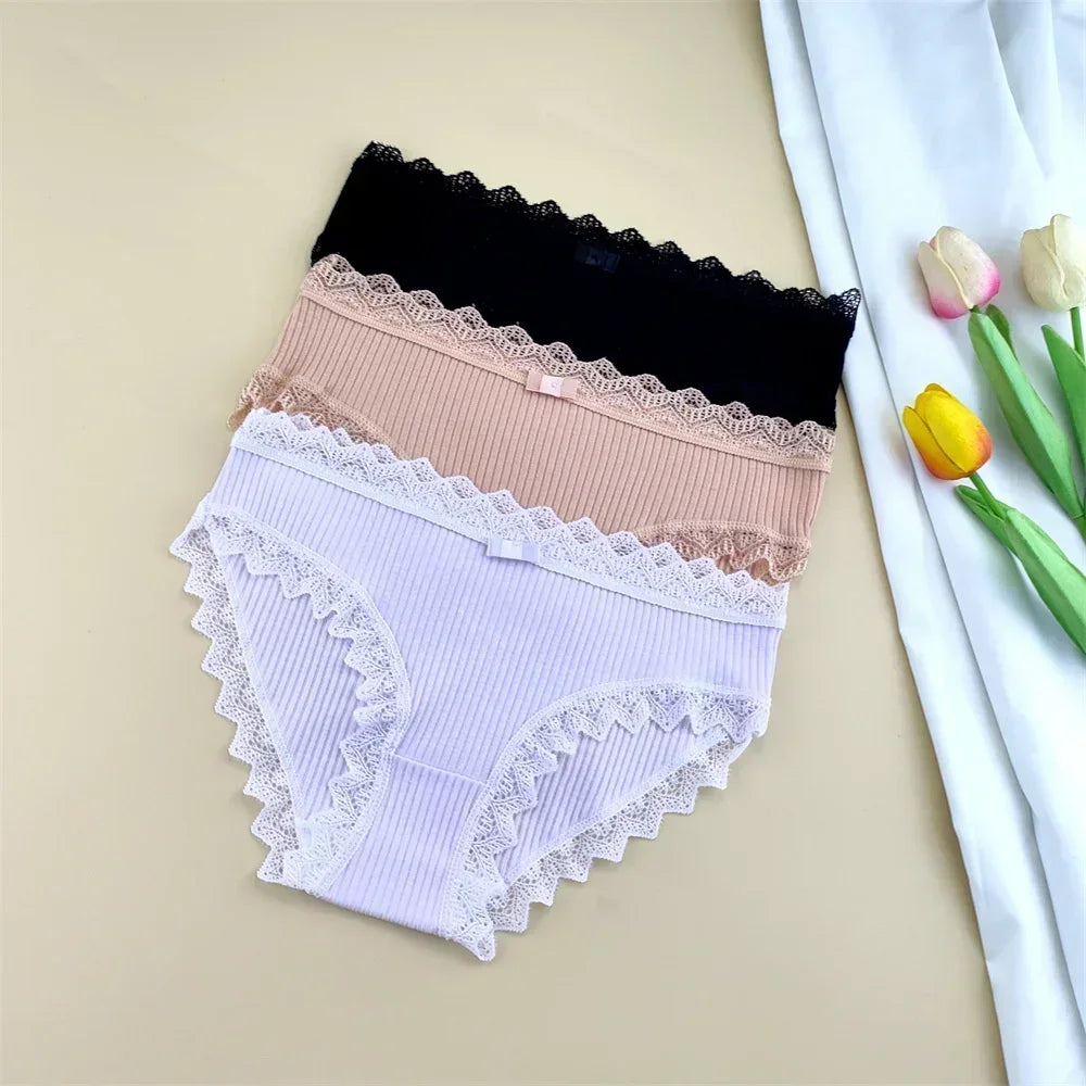 3 Pieces Ruffles Lace Trim Women's Ribbed Cotton Briefs Japanese Girls Sweet Bow Underwear