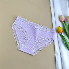 3 Pieces Ruffles Lace Trim Women's Ribbed Cotton Briefs Japanese Girls Sweet Bow Underwear