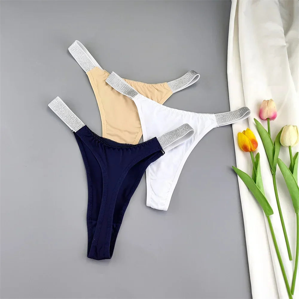 3 Pieces Shiny Silver Waistband Ladies Ice Silk Thong