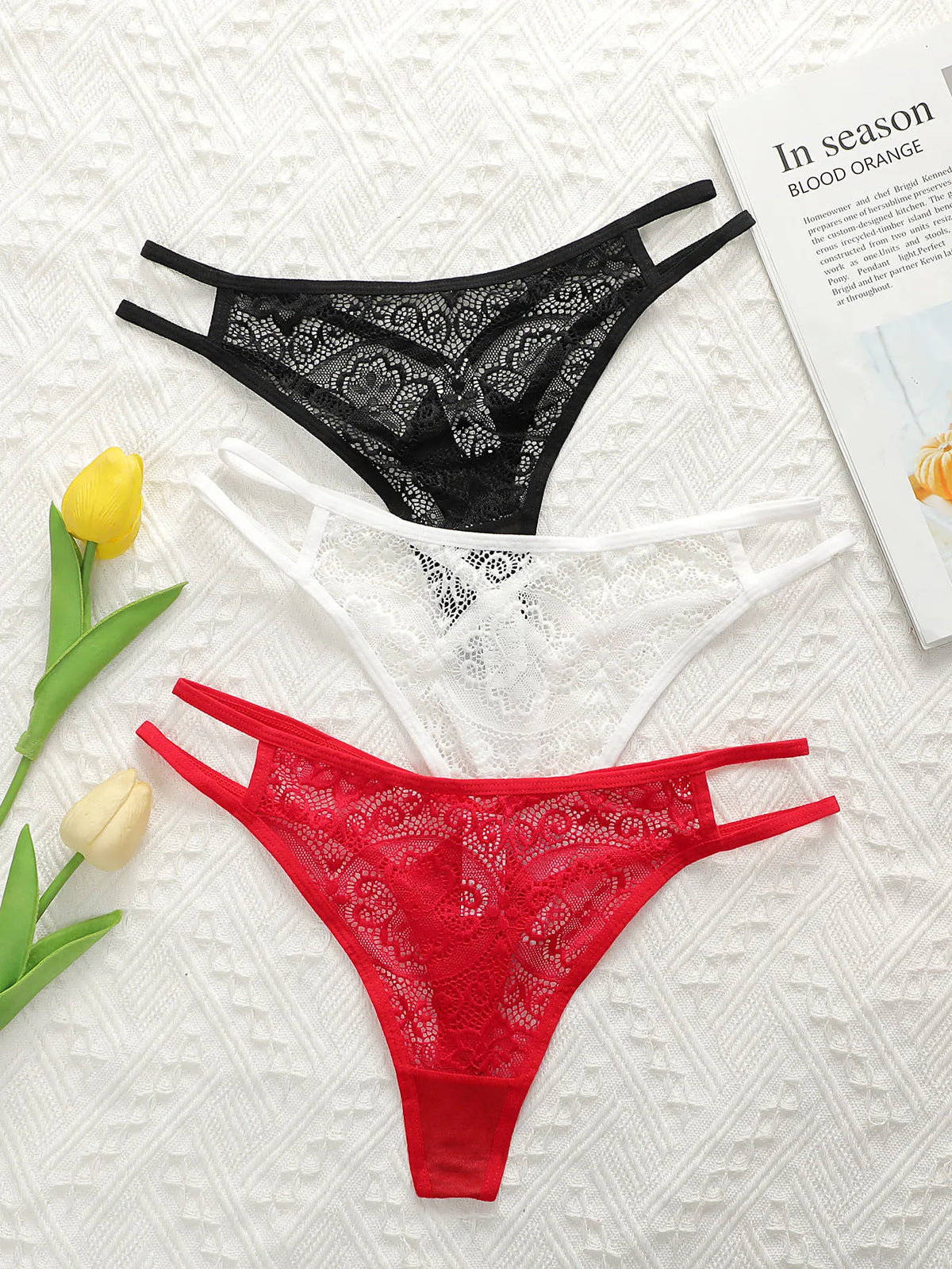 3-piece set of multi-color women's sexy embroidered lace Thong