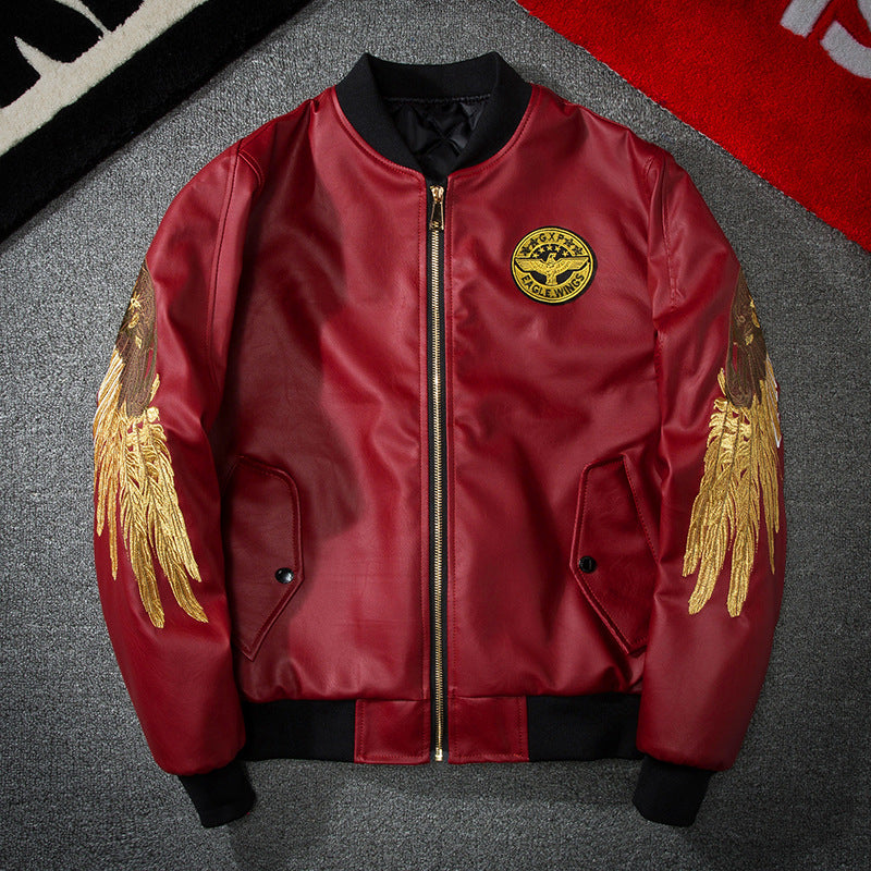 Embroidered Golden Wings Leather Jacket
