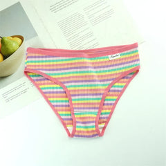 3PC Rainbow Striped Women's Ribbed Cotton Briefs Low Waist Girls Comfortable Panties