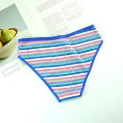 3PC Rainbow Striped Women's Ribbed Cotton Briefs Low Waist Girls Comfortable Panties