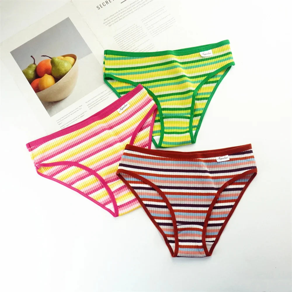 3PC Rainbow Striped Women's Ribbed Cotton Briefs Low Waist Girls Comfortable Panties