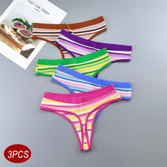 3PCS Contrast Color Stripe Girls Thong