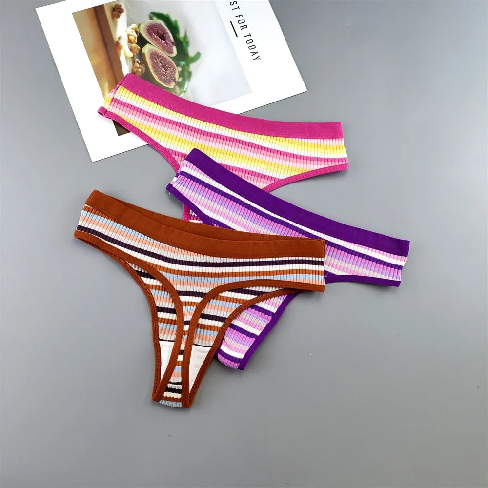 3PCS Contrast Color Stripe Girls Thong