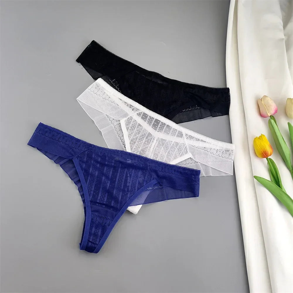 3PCS Jacquard Lace Women Transparent Thong