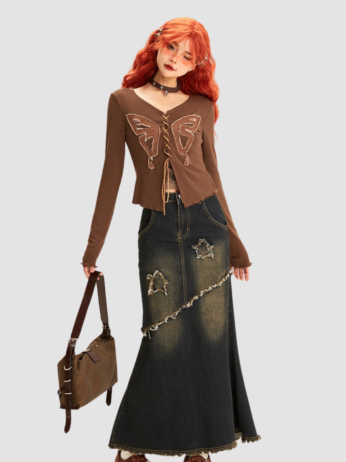 Raw Edge Retro Fishtail Denim Skirt