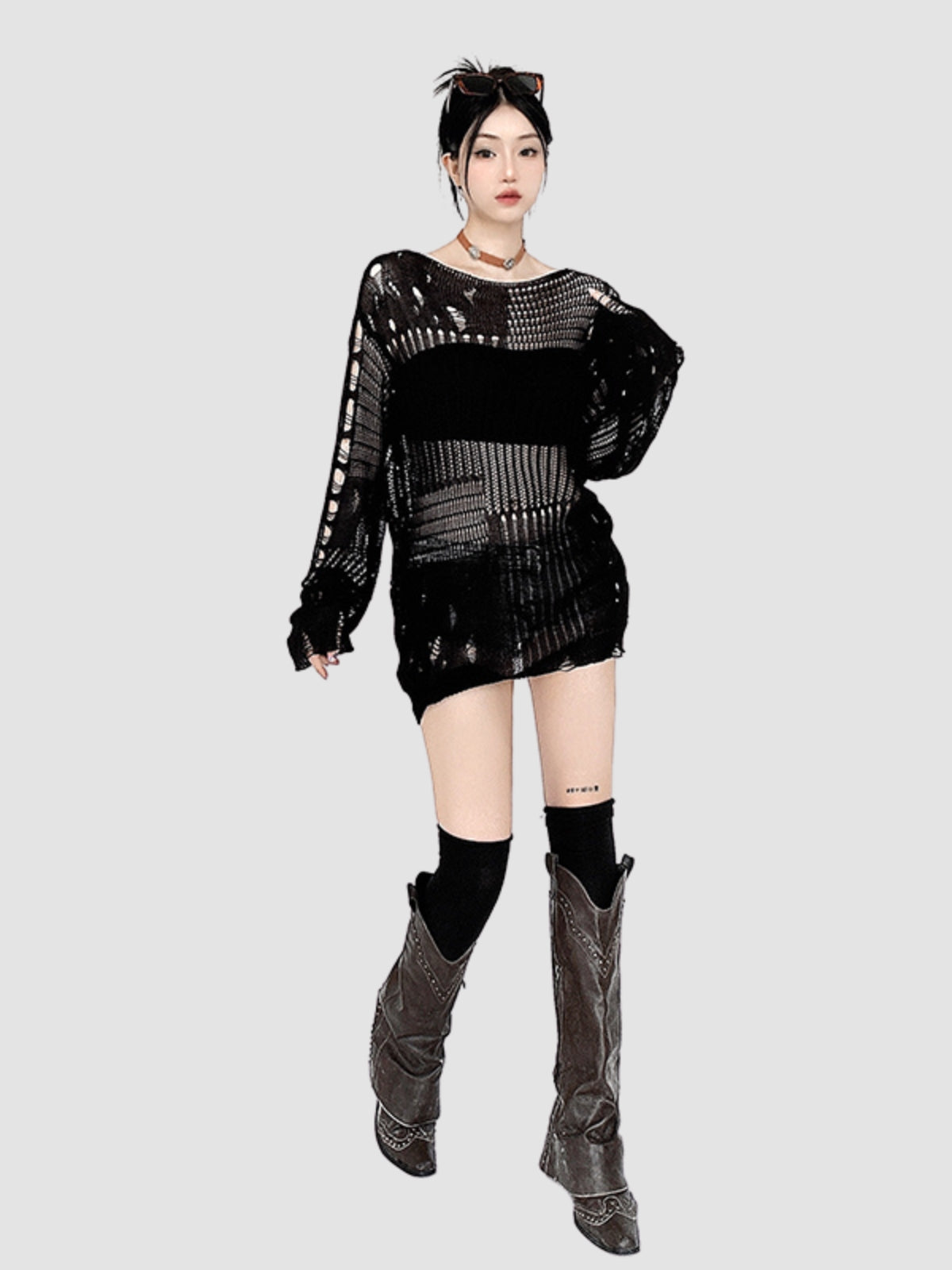 Hollow Woolen Round Neck Long-Sleeved Top