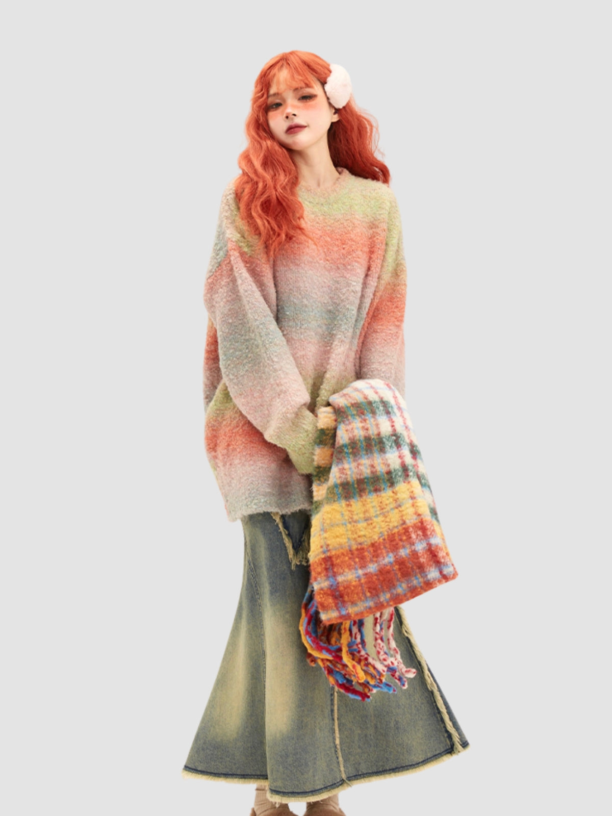Colorful Striped Fur Ball Soft Scarf