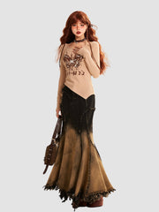 Retro Distressed Denim Irregular Skirt