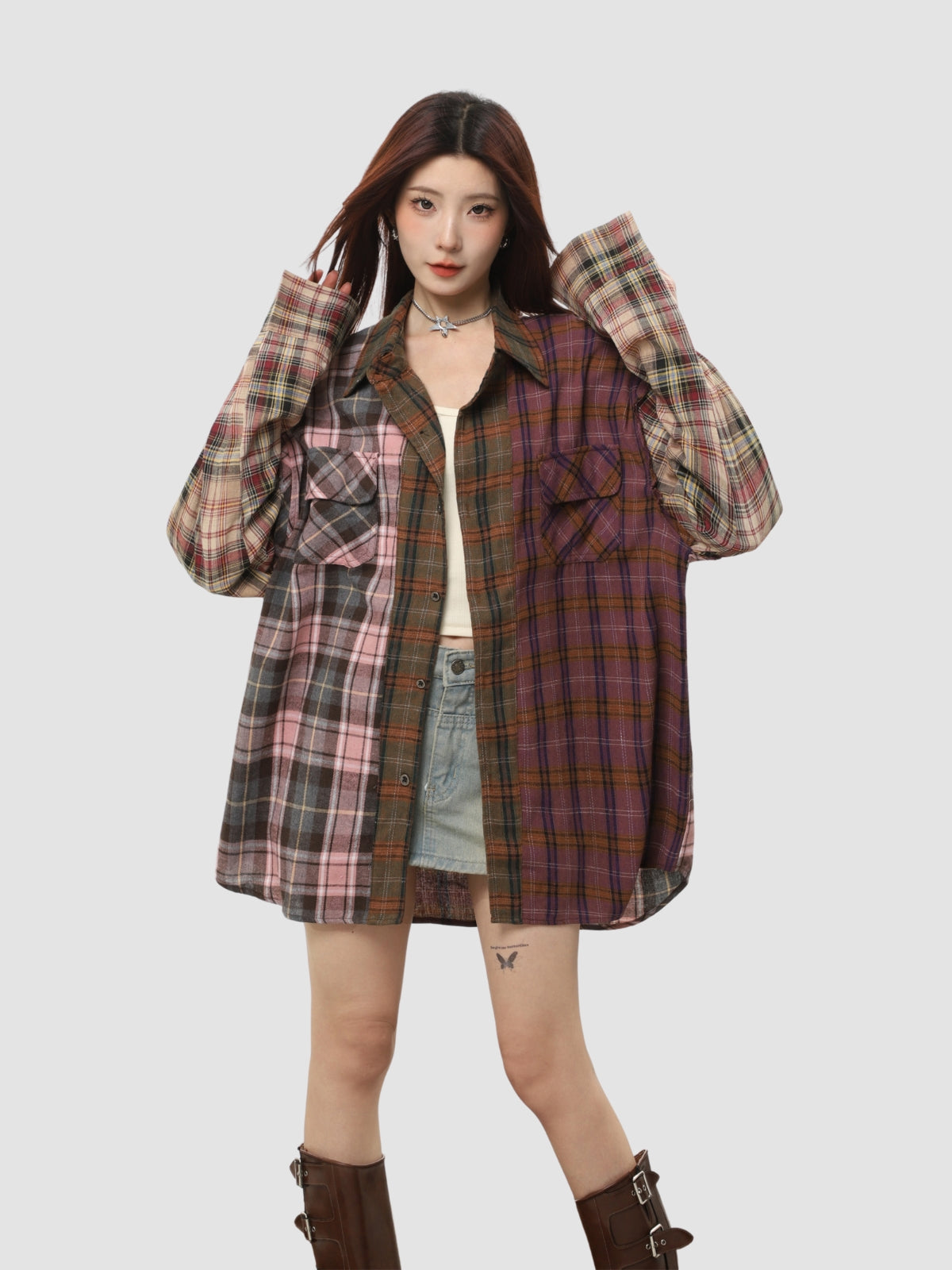 Irregular Splicing Loose Retro Plaid Shirt
