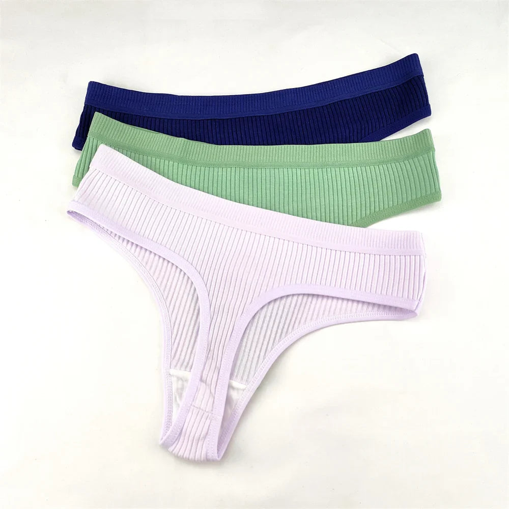 3pcs Simple Ribbed Cotton Seamless Thongs