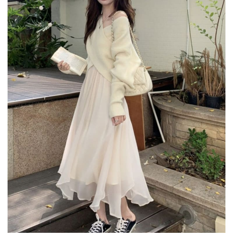 4 Colors Cross Knit Sweater Dress Two Pieces Set