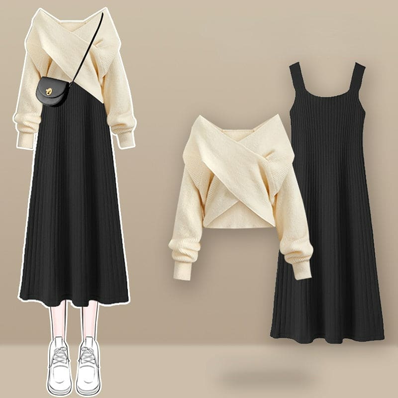4 Colors Cross Knit Sweater Dress Two Pieces Set