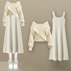 4 Colors Cross Knit Sweater Dress Two Pieces Set