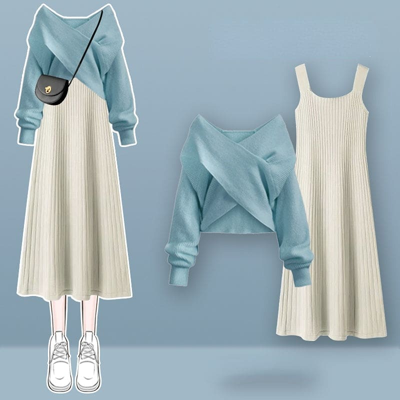 4 Colors Cross Knit Sweater Dress Two Pieces Set