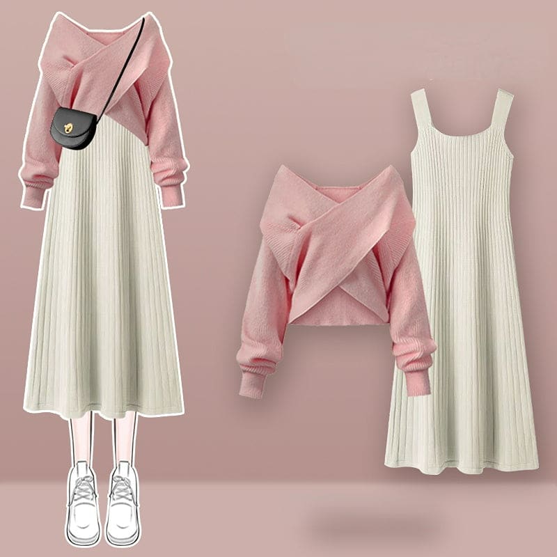 4 Colors Cross Knit Sweater Dress Two Pieces Set