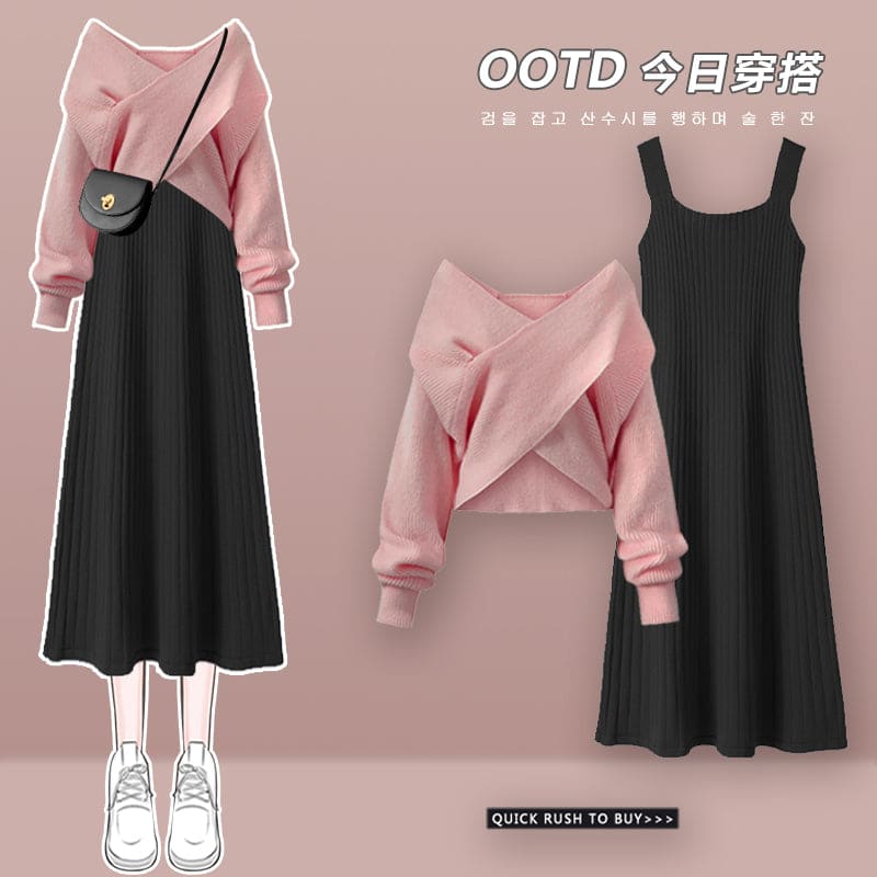 4 Colors Cross Knit Sweater Dress Two Pieces Set