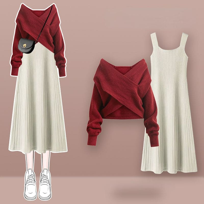 4 Colors Cross Knit Sweater Dress Two Pieces Set