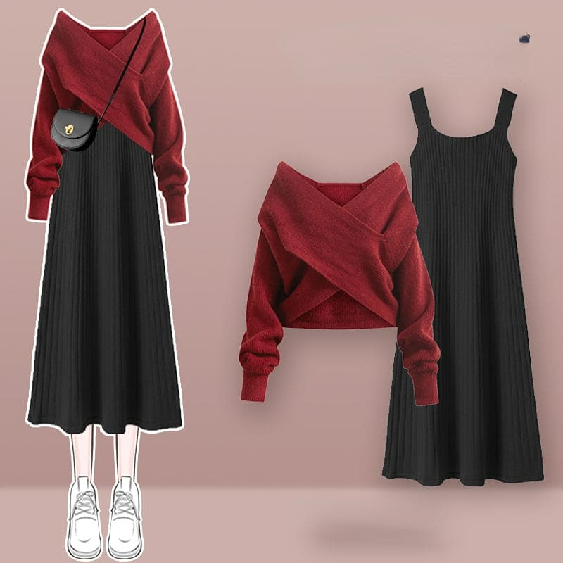4 Colors Cross Knit Sweater Dress Two Pieces Set