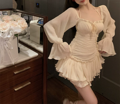 Long-Sleeve Square Neck Floral Mini A-Line Dress
