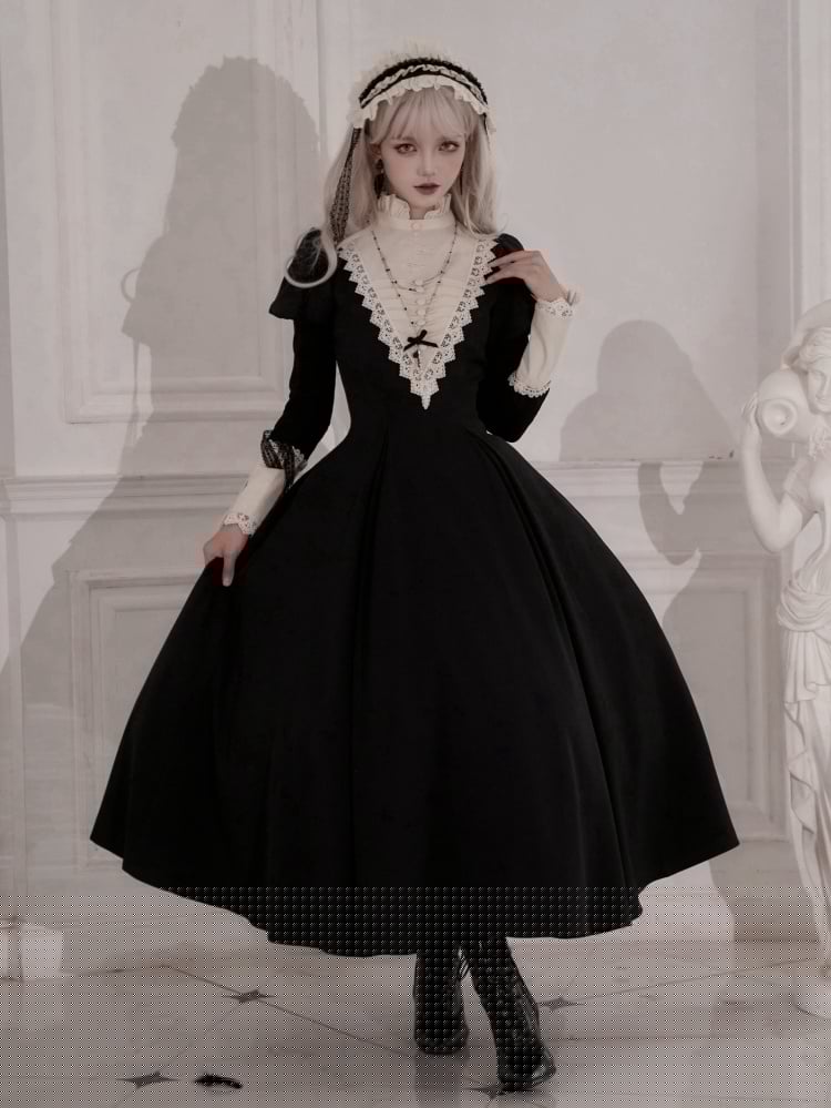 Elegant Black and Beige Ruffle Banded Collar Long Dress