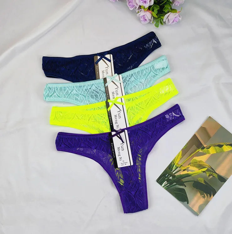 4PCS Jacquard Lace T-back Thong