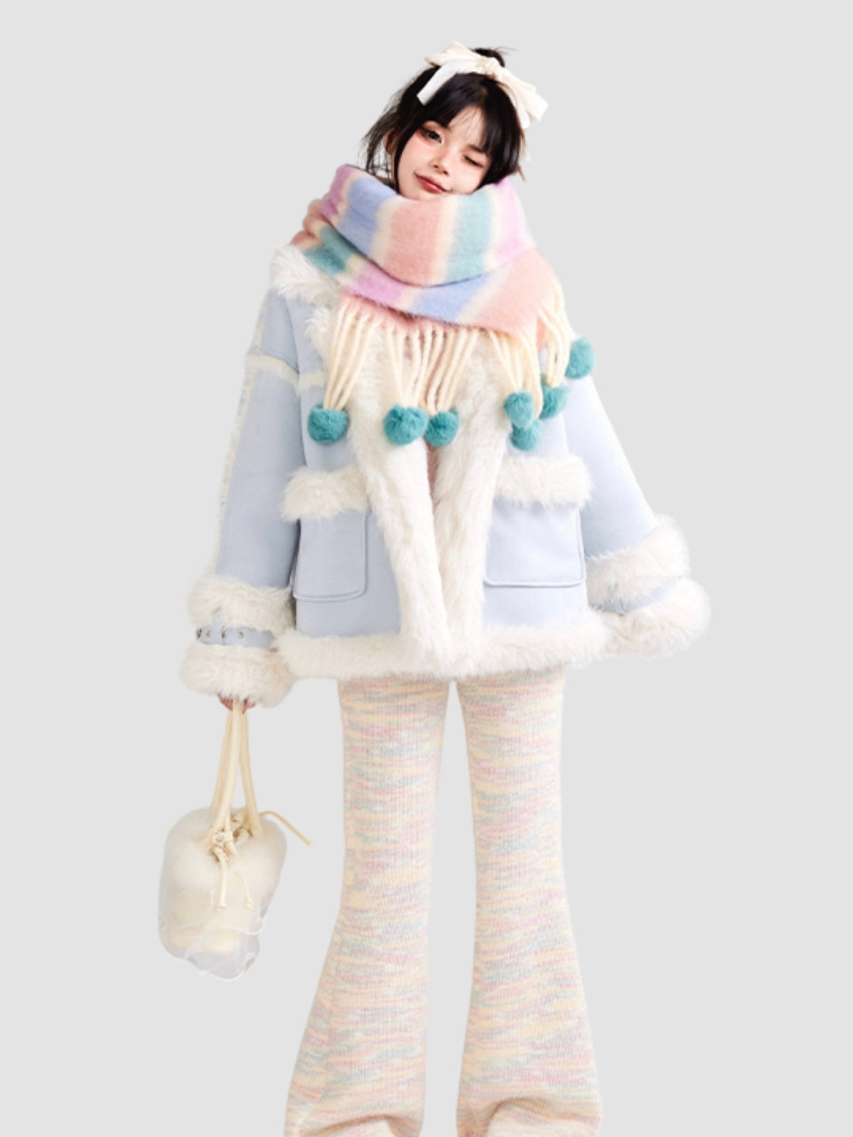 Colorful Striped Fur Ball Soft Scarf