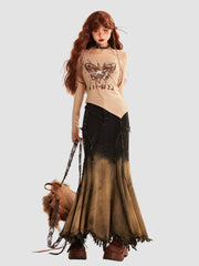 Retro Distressed Denim Irregular Skirt